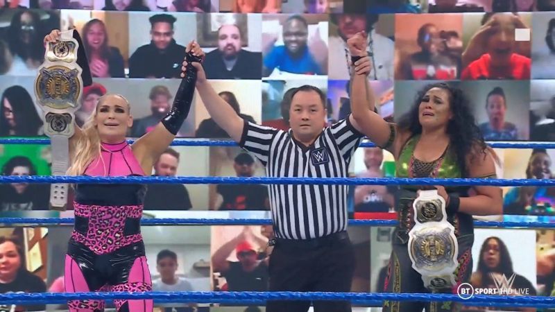 Tamina and Natalya after winning the Women&#039;s Tag Team Championship