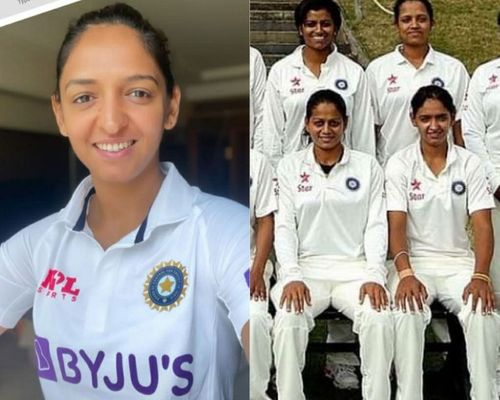 Harmanpreet Kaur in India Women's new jersey (L) and the old jersey (R).