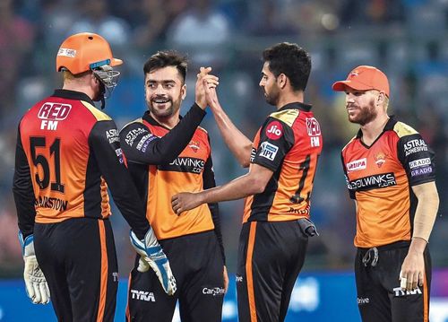 Rashid Khan celebrating a wicket with his SRH teammates. (Credits: PTI)