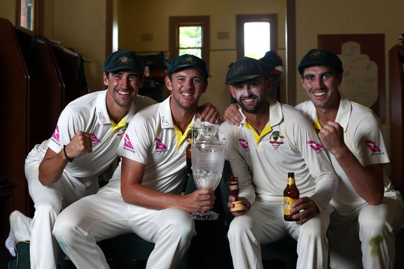 Mitchell Starc, Josh Hazlewood, Nathan Lyong and Pat Cummins (L-R)