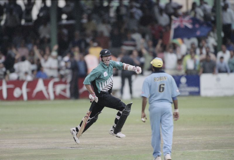 Chris Cairns celebrates a famous New Zealand win. Pic: ALLSPORT