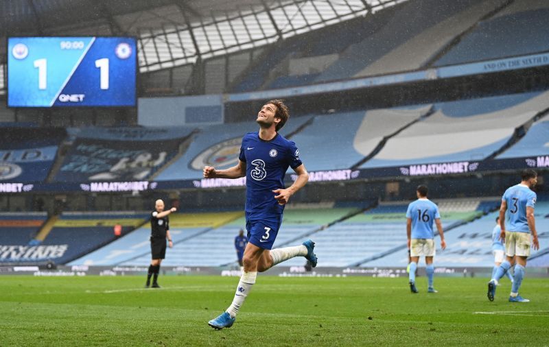 Chelsea's Marcos Alonso celebrates after scoring the winner at the Eithad Stadium.