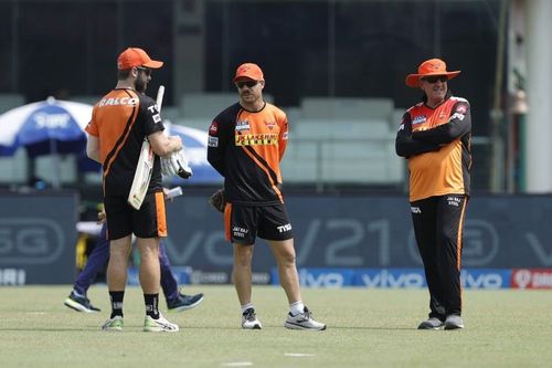 David Warner with Trevor Bayliss and Kane Williamson