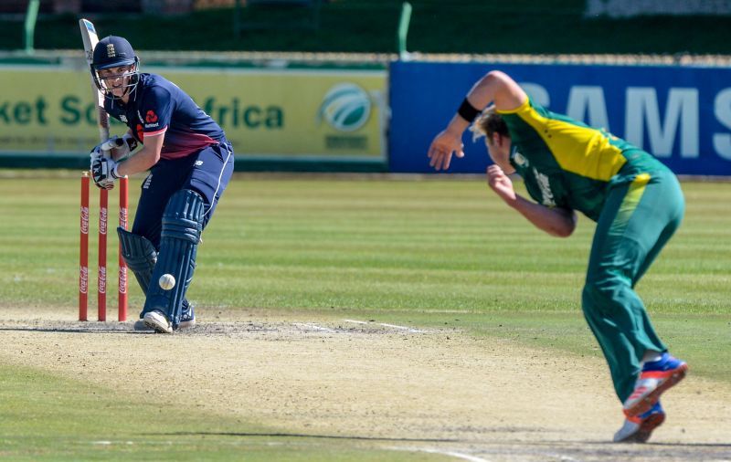 Gerald Coetzee bowls a delivery against England U-19s