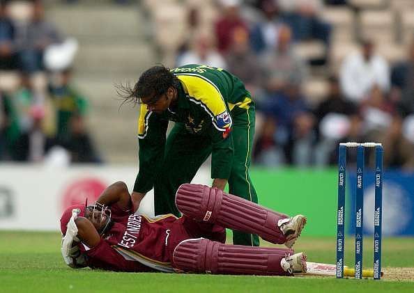 Shoaib Akhtar reaching out to Brian Lara after a lethal bouncer in 2004.