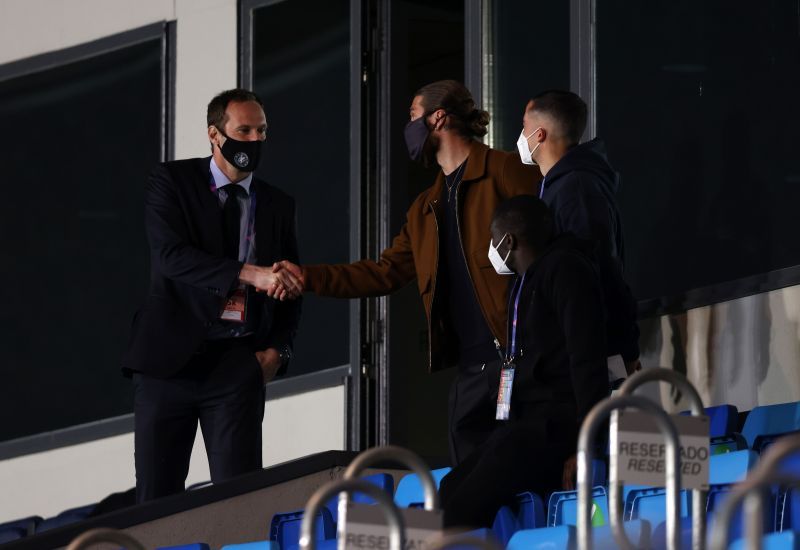 Sergio Ramos (centre) cheered his team from the stands. (Photo by Angel Martinez/Getty Images)