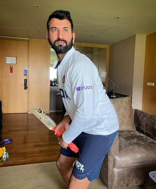 Cheteshwar Pujara donning India's new shirt for the WTC final.