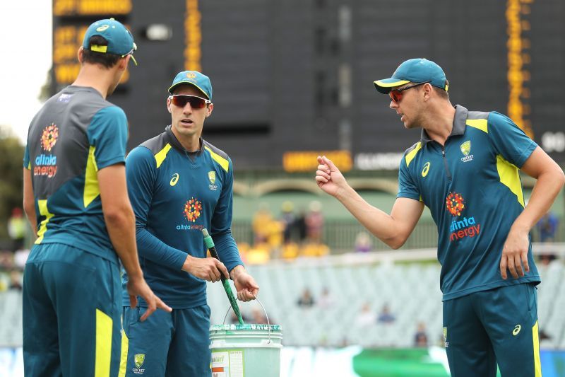 The Australian pace triumvirate during a practice session