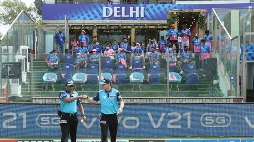 Dugout at the Arun Jaitley Stadium during an IPL 2021 game. (PC: IPL)