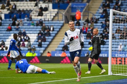 Gareth Bale celebrates after scoring against Leicester City.