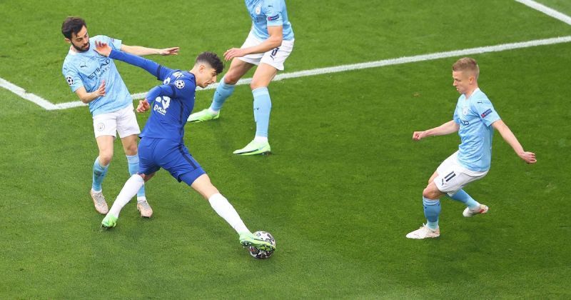 Zinchenko (far right) had a torrid evening against Chelsea