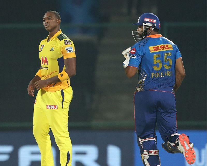 Lungi Ngidi and Kieron Pollard during the last over on Sunday. (PC: IPL)