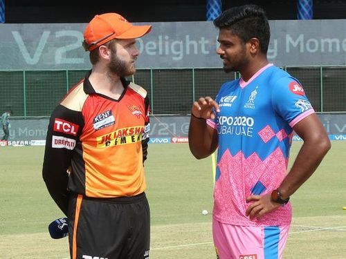 SRH skipper Kane Williamson (L) alongside RR skipper Sanju Samson on Sunday