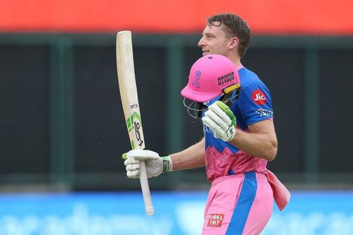 Jos Buttler celebrates his maiden T20 century.