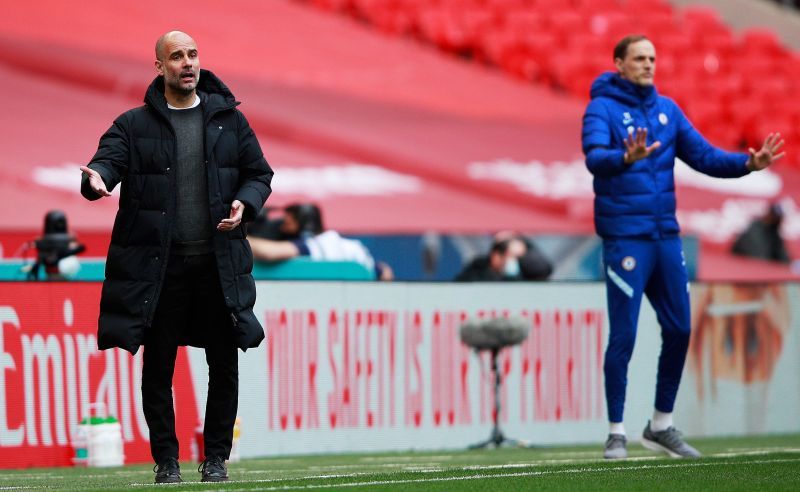 Manchester City manager Pep Guardiola (L) and Chelsea manager Thomas Tuchel (R).