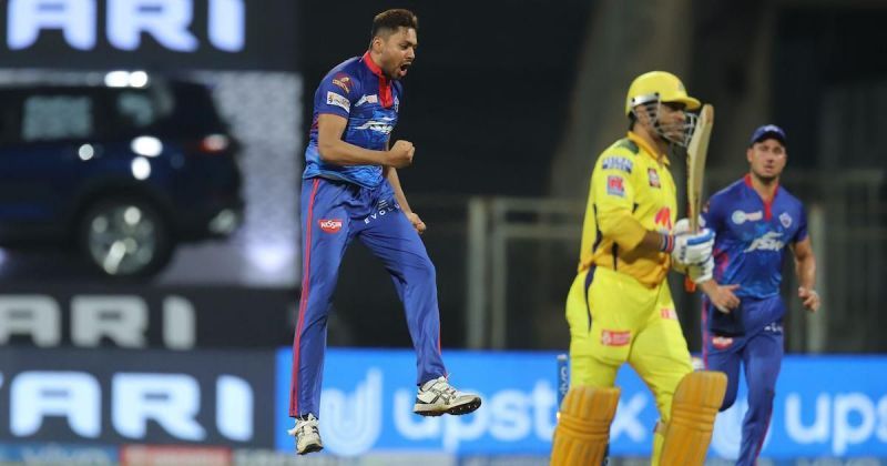 Avesh Khan celebrating the wicket of MS Dhoni. (BCCI/Sportzpics)