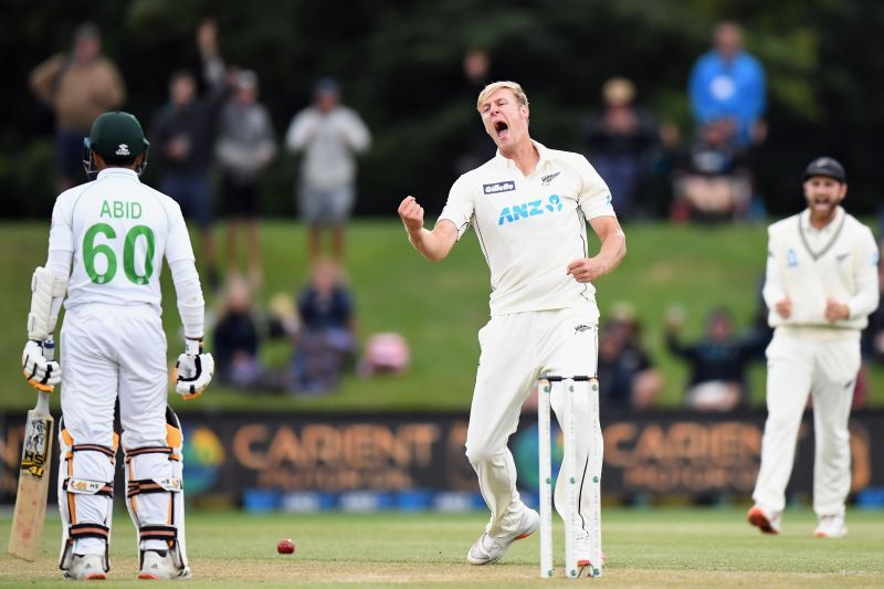 Kyle Jamieson celebrates a wicket against Pakistan.