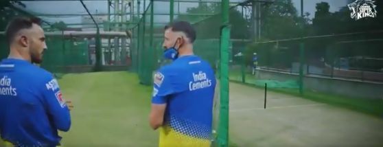 Faf Du Plessis (L) having a discussion with Michael Hussey in a training session. Pic: ChennaiIPL Twitter