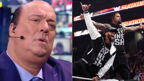 Paul Heyman (left); The Usos (right)