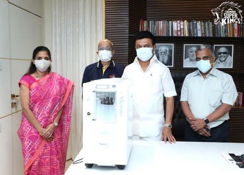 CSK members alongside Tamil Nadu Chief Minister MK Stalin (2nd from right).