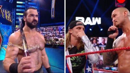 Drew McIntyre (left); Riddle and Randy Orton (right)