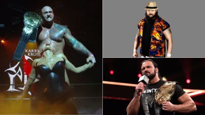 Karrion Kross and Scarlett (left); Bray Wyatt and Drew McIntyre in NXT (right)