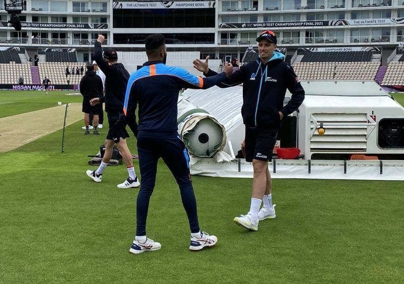 Mohammed Siraj and Tim Southee. Pic: Black Caps/ Twitter