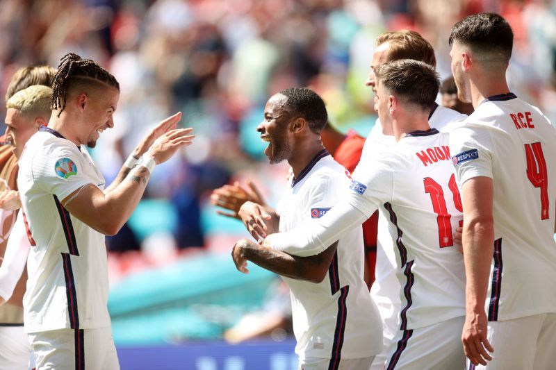 England celebrate Raheem Sterling&#039;s (centre) gal against Croatia