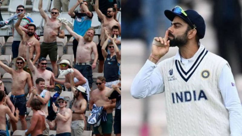 A picture of New Zealand supporters in Southampton and Virat Kohli (R)