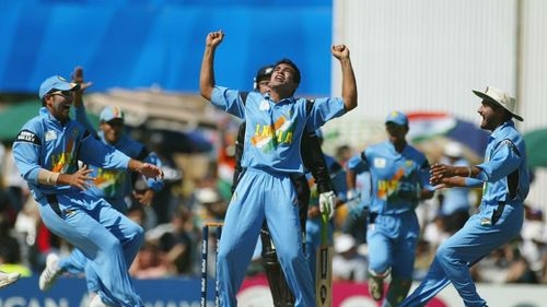 Zaheer Khan celebates a wicket during India's 2003 World Cup match against New 