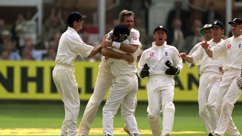 Andy Caddick celebrating after the fall of a wicket