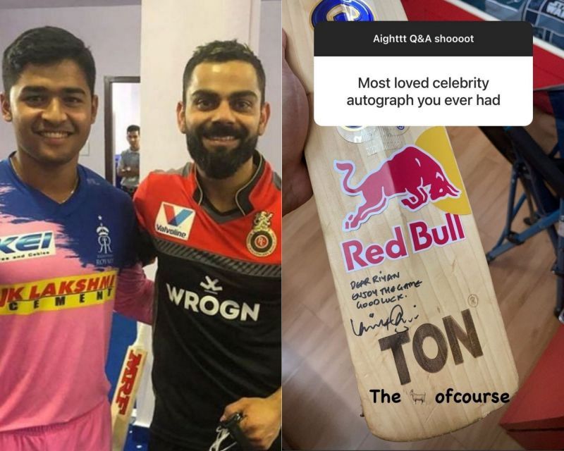 Riyan Parag(L) shared a photo of his Virat Kohli-signed bat on Instagram.