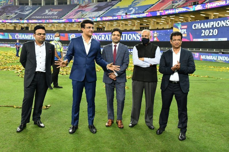 BCCI President Sourav Ganguly, BCCI Secretary Jay Shah, BCCI treasurer Arun Dhumal, IPL Chairman Brijesh Patel and Jt.Secretary Jayesh George (Image Courtesy: IPLT20.com)