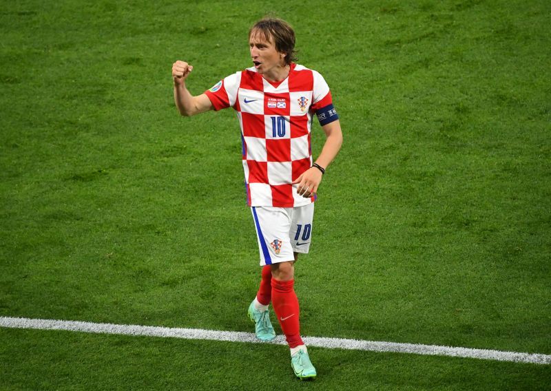 Luka Modric celebrates during Croatia&#039;s victory over Scotland