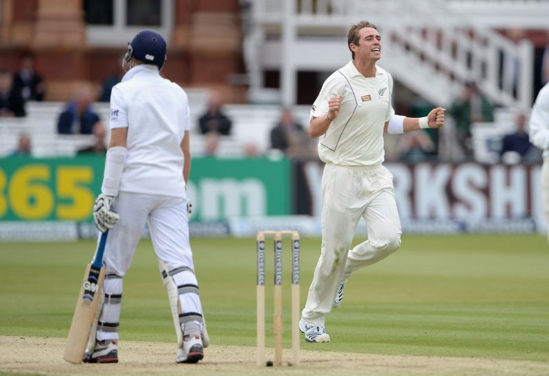 Tim Southee celebrates the wicket of Joe Root at Lord's in 2013.