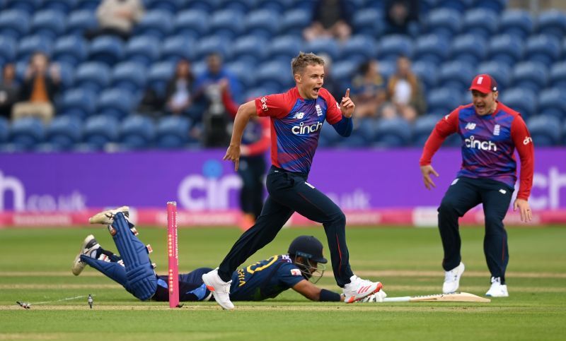 Sam Curran celebrating Danushka Gunathilaka&#039;s run out