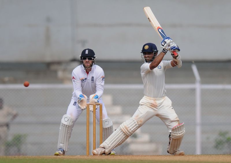 The then uncapped Ajinkya Rahane for India &#039;A&#039; in a warm-up match against the touring England team in 2012