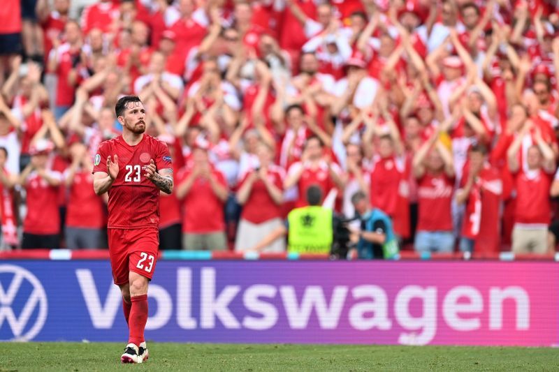 Pierre-Emile Hojbjerg acknowledges the crowd after Denmark's 2-1 Euro 2020 loss to Belgium