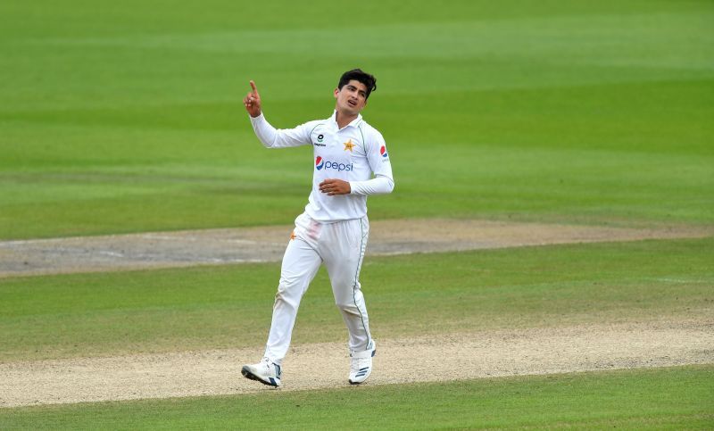 Naseem Shah celebrating the wicket of Joe Root in Test cricket. Image courtesy Getty Images.