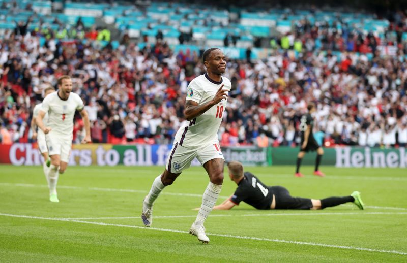 Raheem Sterling celebrates putting England ahead against Germany