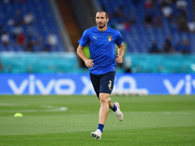 Giorgio Chiellini warms up with Italy at Euro 2020