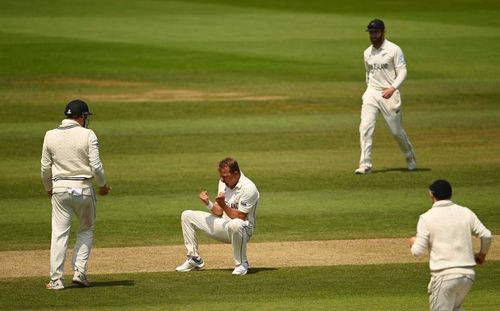 Neil Wagner celebrates taking the wicket of Ravindra Jadeja.