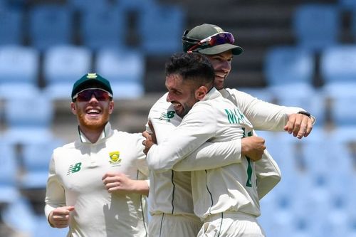 Keshav Maharaj celebrates his hat-trick. Pic: Twitter