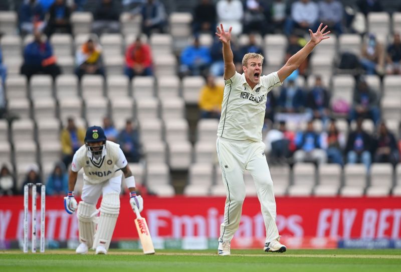 New Zealand&#039;s Kyle Jamieson appeals after trapping Virat Kohli in front with an inswinger