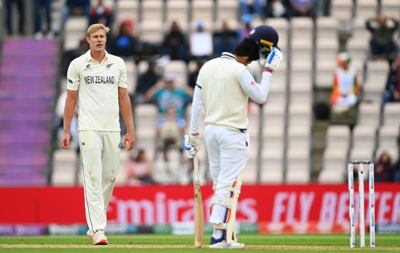 Kyle Jamieson reacts after his bouncer struck Indian opener Shubman Gill during the WTC final