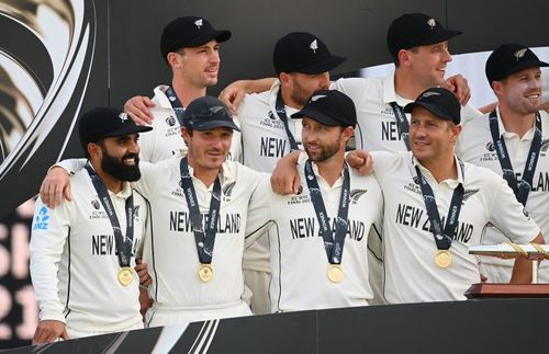 BJ Watling (second from left) celebrates New Zealand's WTC triumph.