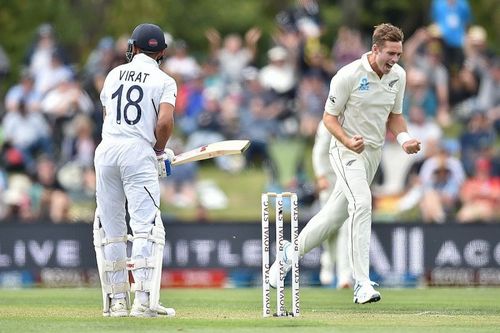 Virat Kohli (left) and Tim Southee during India's tour of New Zealand in 2020.