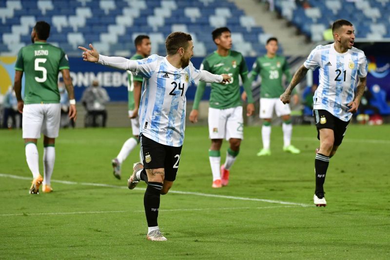 Alejandro Gomez (left) celebrates after scoring Argentina's opener againsy Bolivia