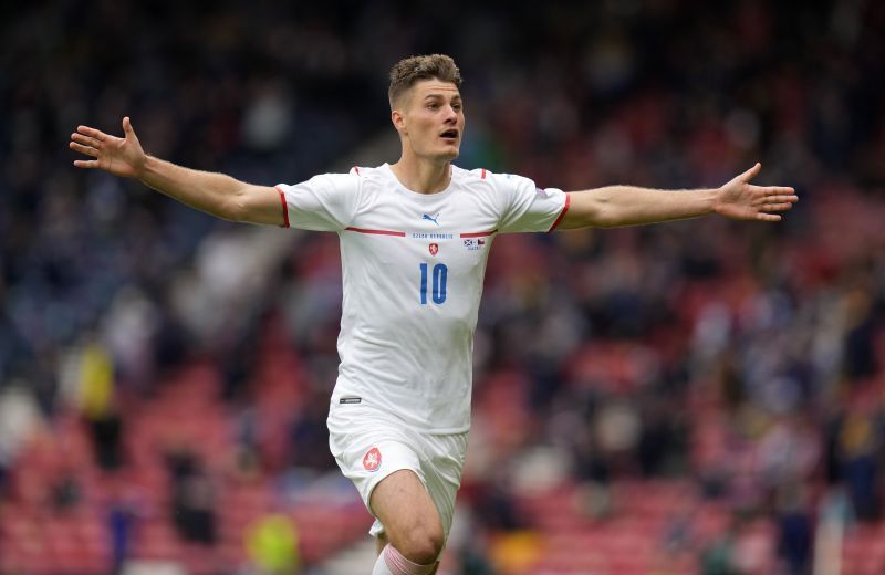 Patrik Schick celebrates after netting a stunning long range effort against Scotland