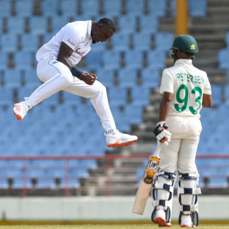 Jayden Seales celebrates his maiden wicket in Test cricket. Image courtesy AFP/Getty Images.